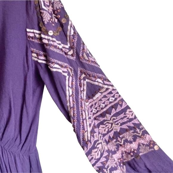 Free People Sequins Blouse Women Sz S Purple  Embroidered Long Puff Sleeves Boho - Picture 10 of 15